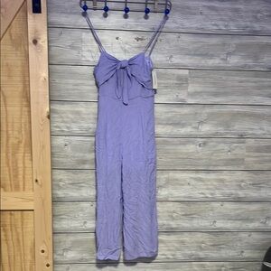 Francesca's Collections Purple Jumpsuit with Spaghetti Straps and Tie Detail